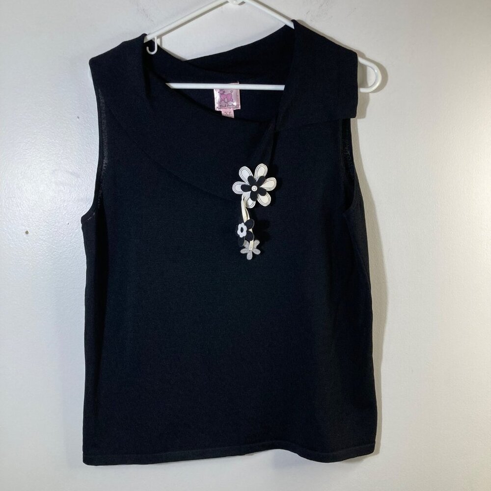 Womens Vintage Pink Poodle Collared Top Shell Attached Flowers XL Black‎ White